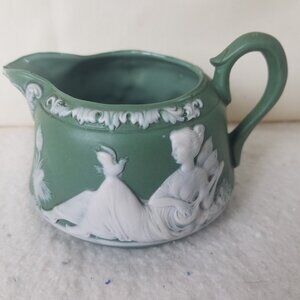 Green Jasperware Vintage Pitcher creamer‎ Lute Playing Woman & Bird